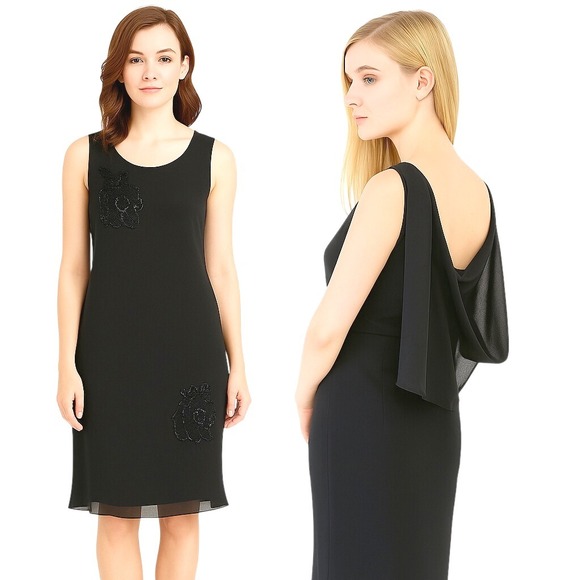 Robbie Bee Black Petite 8P Sleeveless Beaded Cocktail Dress Lettuce Hem Elegant - Picture 1 of 12